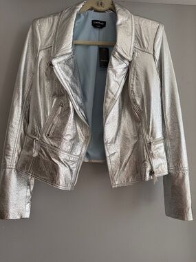 bebe Metallic Silver Moto-Style Leather Jacket